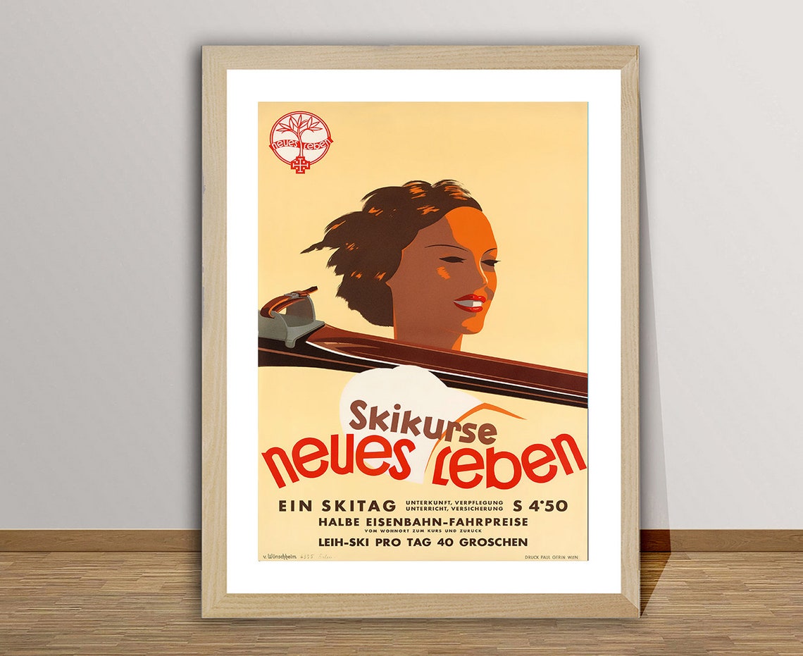Skikurse Neues Leben Vintage Austrian Ski Lesson Course Poster