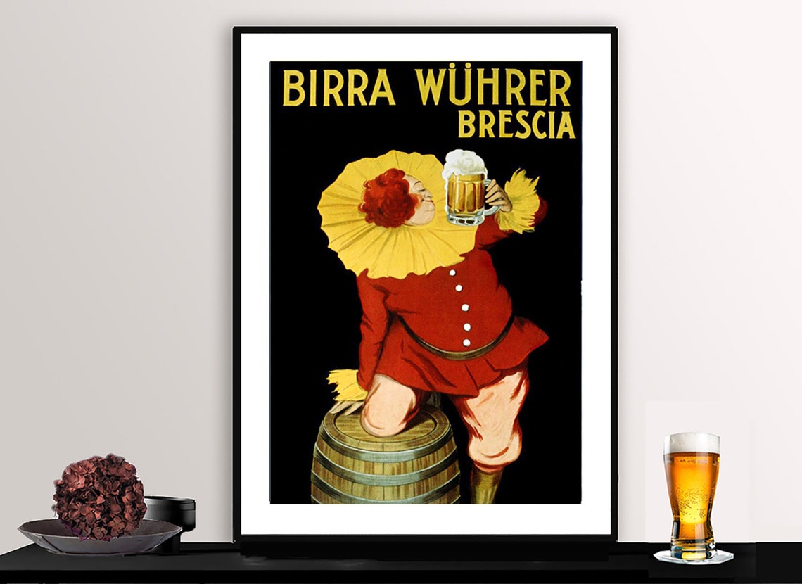 Birra Wuhrer Brescia Jester and Beer Mug on Barrel Vintage Poster
