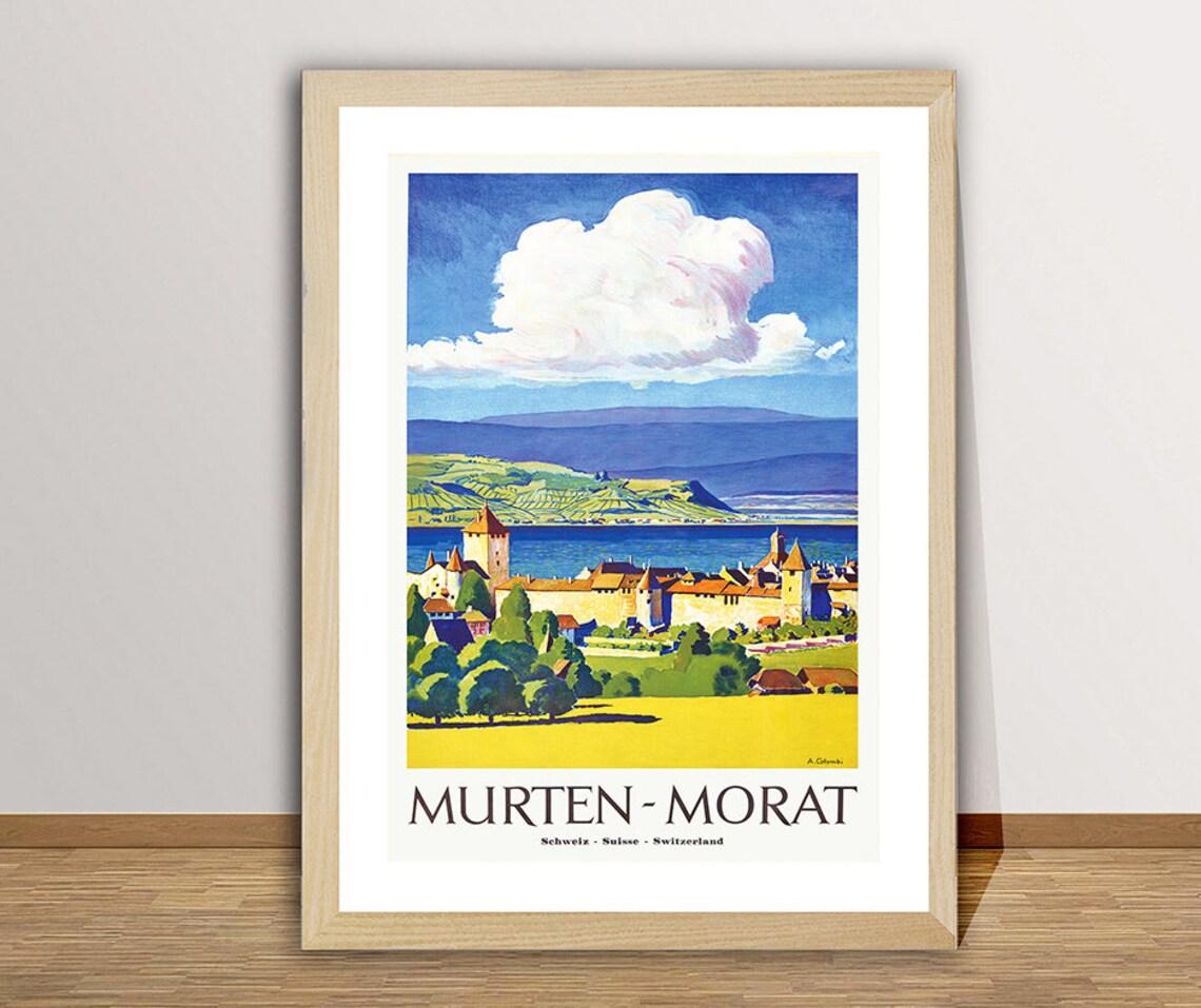 Murten Morat Switzerland Medieval Castle Lake Vintage Travel Poster
