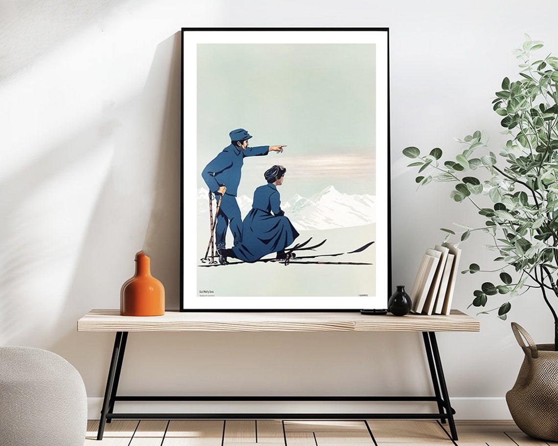 Vintage Alpine Skiing Couple Mountain View Classic Winter Sport Poster - Image 2