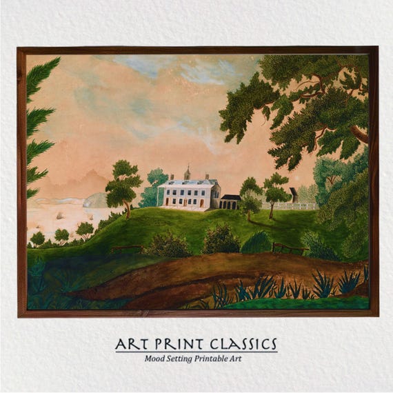 Folk Art Mount Vernon Landscape Countryside Wall Art Primitive Landscape Painting Rustic Farmhouse Print Na9