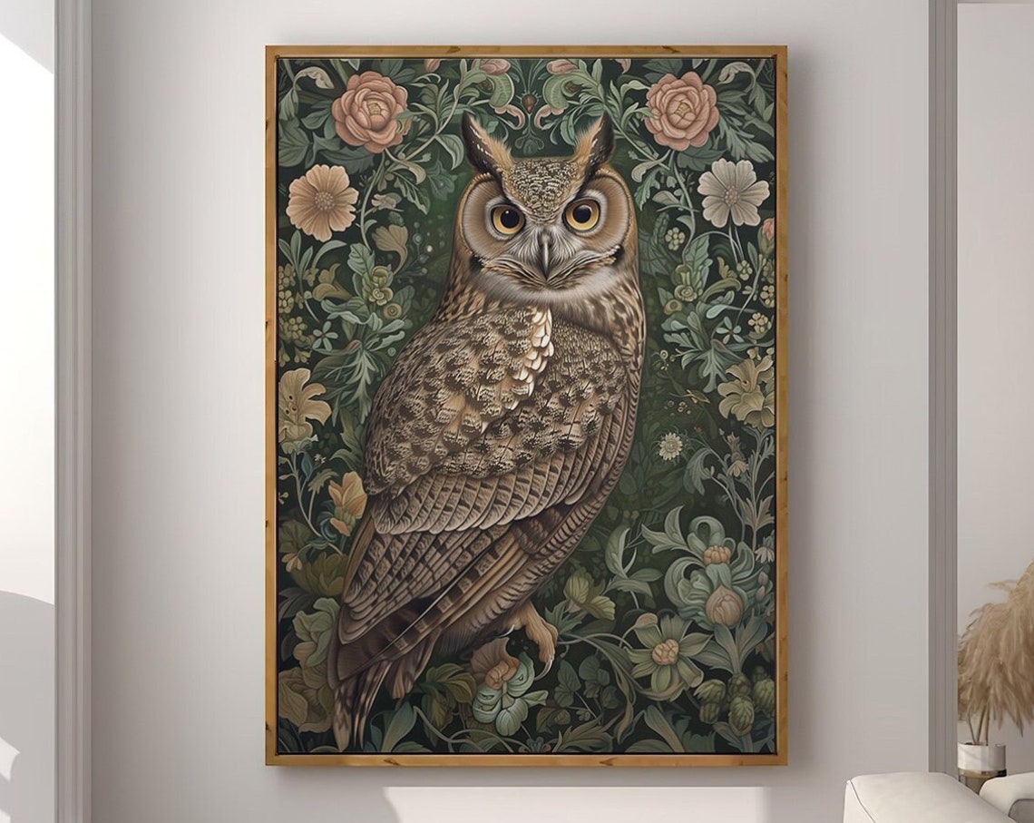 Great Horned Owl Front Portrait on Dark Floral Damask Art Poster