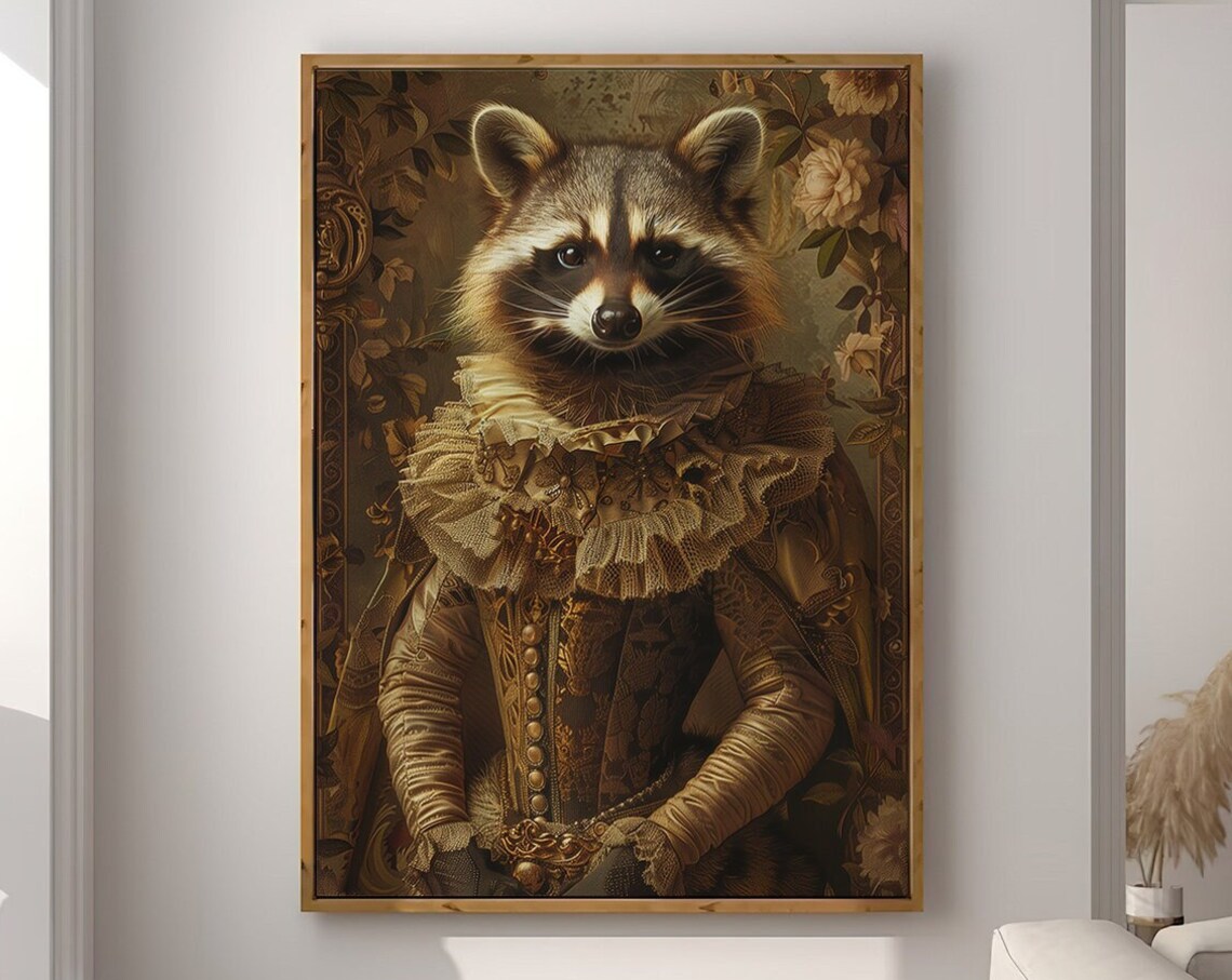 Aristocrat Raccoon Renaissance Lady Lace Gown Vintage Animal Poster