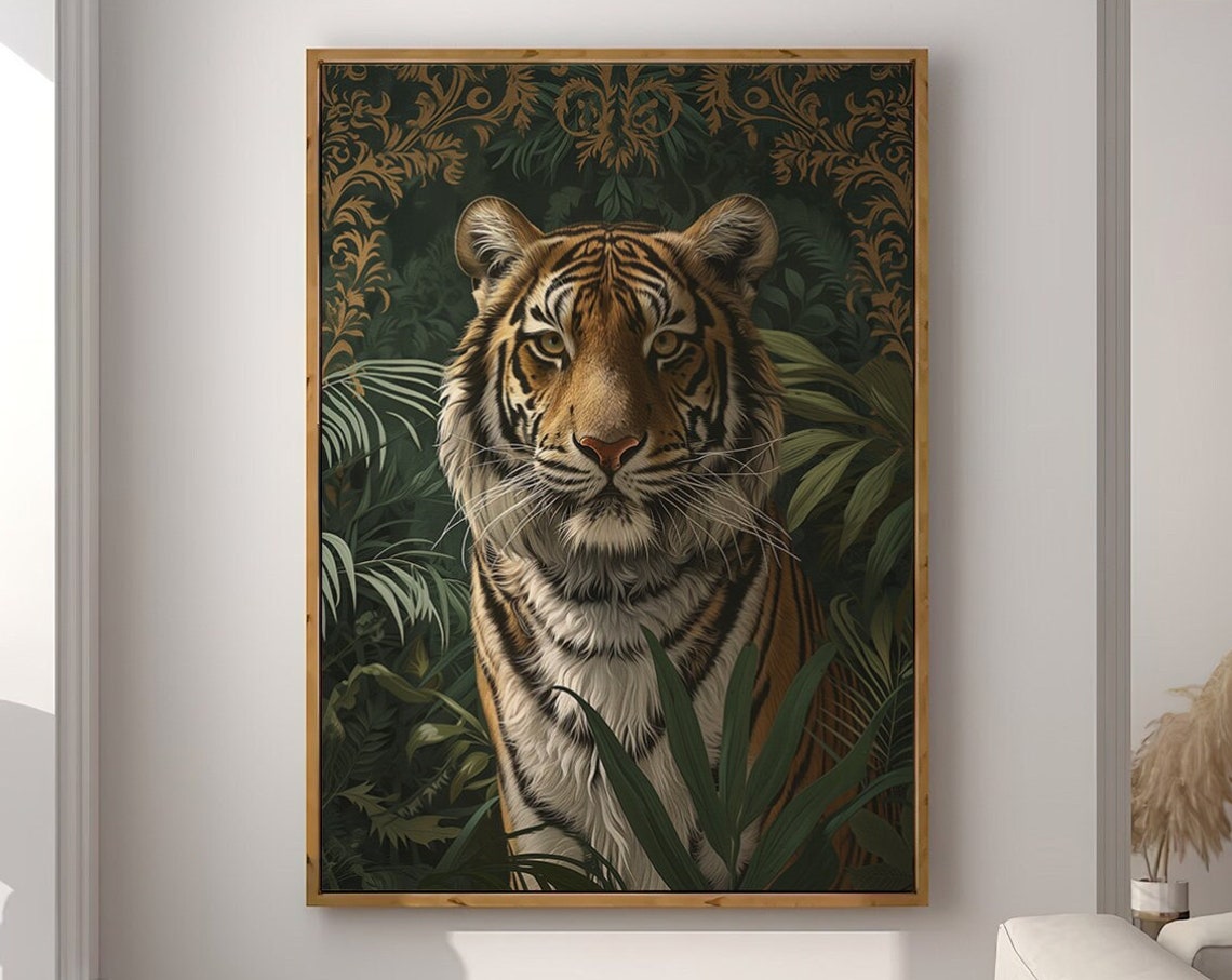 Dark Tiger Face Portrait With Gold Damask Jungle Foliage Poster - Image 5
