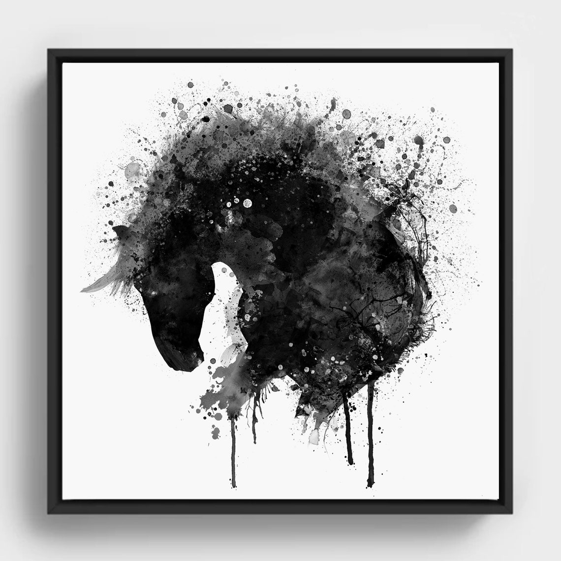 Black Horse Head Ink Splash Monochrome Equestrian Art Poster