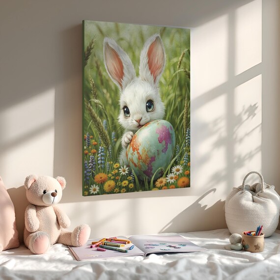 Fluffy White Easter Bunny Giant Painted Egg Meadow Art Poster