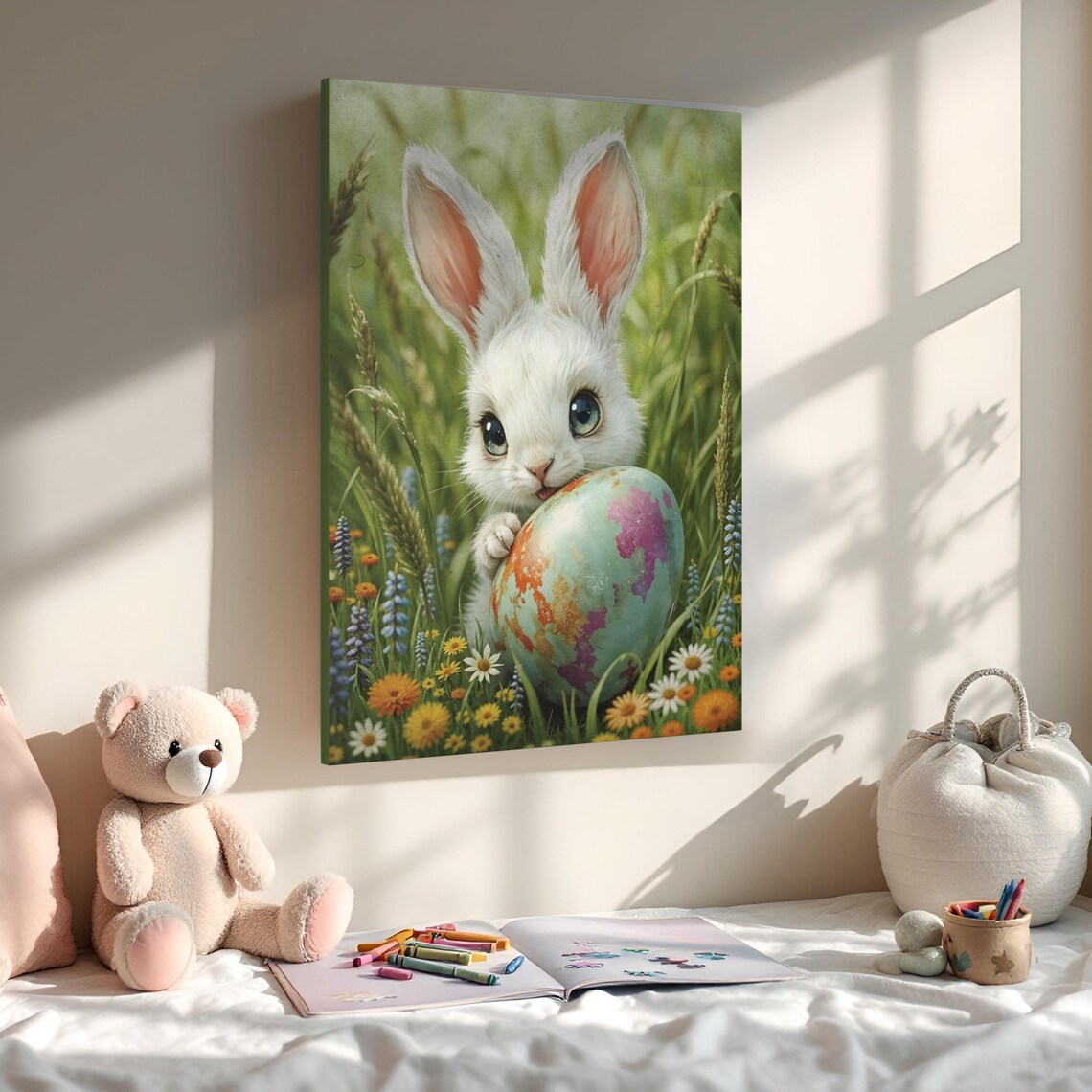Fluffy White Easter Bunny Giant Painted Egg Meadow Art Poster