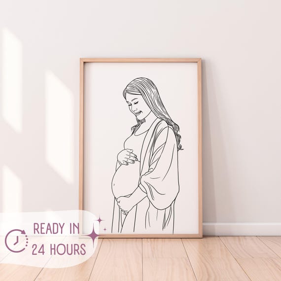 Custom Pregnancy Drawing Line Art Baby And Mom Portraits Unique Keepsake For Newborns Pregnant Woman