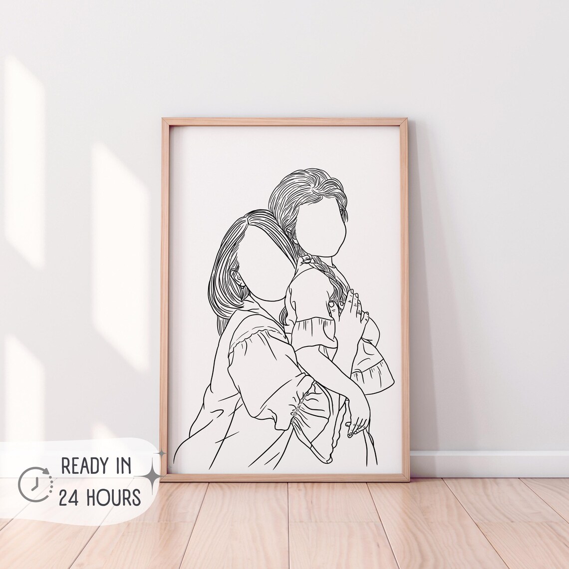 Faceless Mother and Daughter Line Art Hugging Portrait Poster
