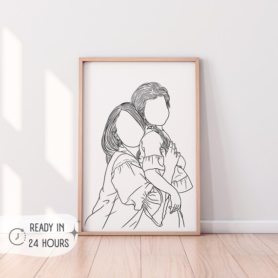 Faceless Mother and Daughter Line Art Hugging Portrait Poster