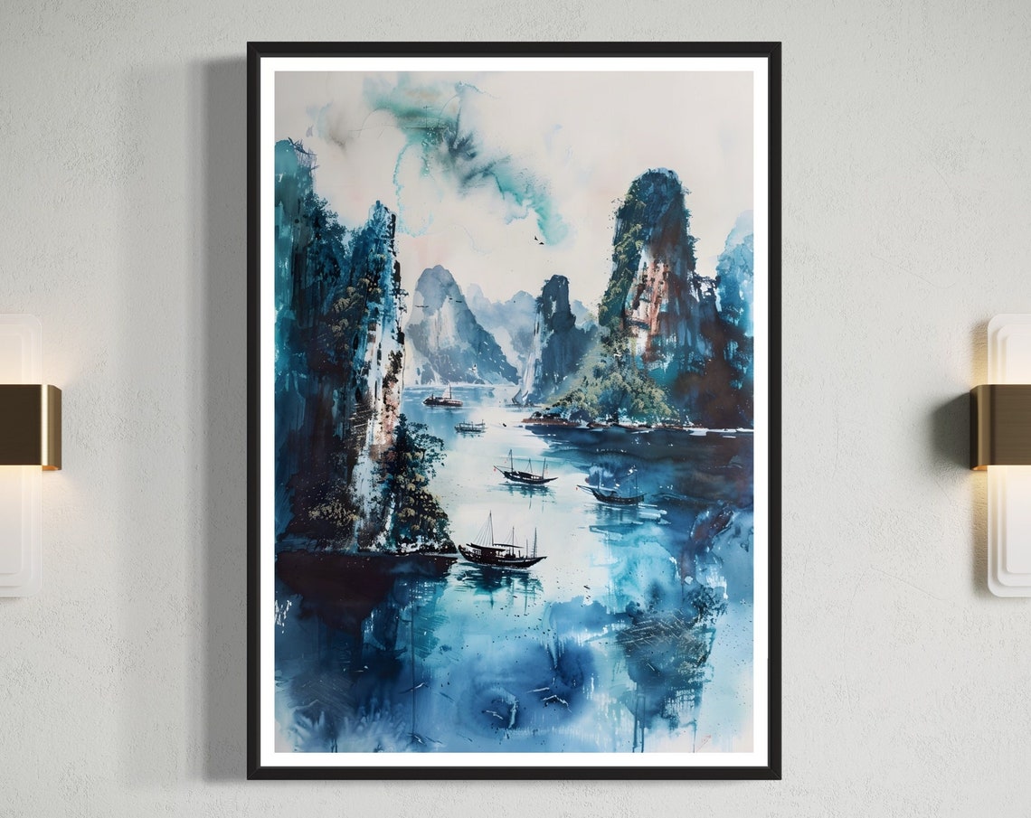 Halong Bay Vietnam Art Print Blue Watercolour Vietnamese Landscape Traditional Boat Painting Travel Gift Souvenir National Park Poster