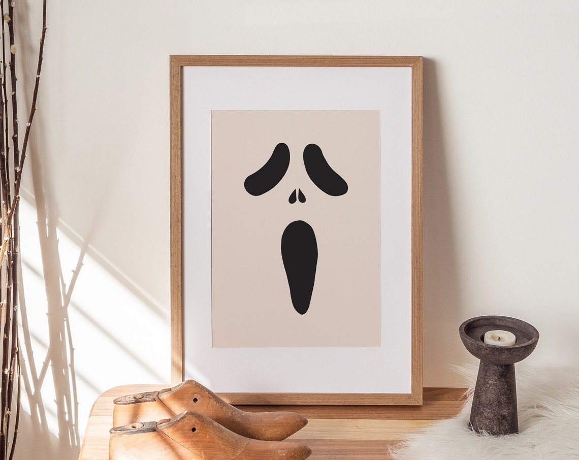 Minimalist Ghost Face Spooky Black Shapes Beige Halloween Art Poster