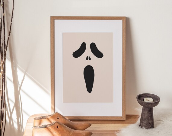 Minimalist Ghost Face Spooky Black Shapes Beige Halloween Art Poster