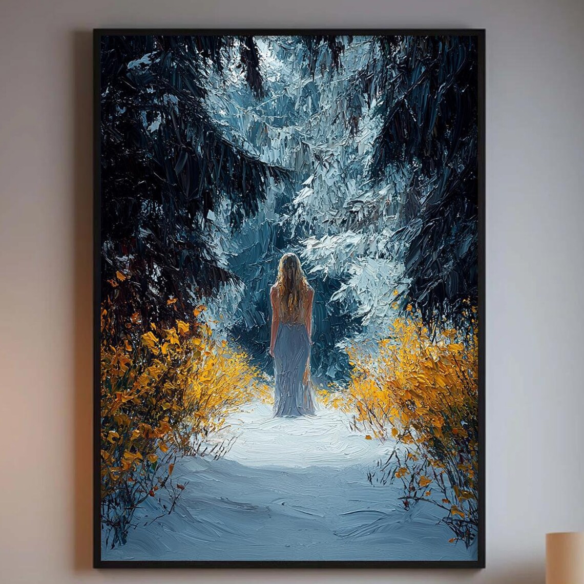 Woman In Snowy Forest Path Impasto Oil Painting Winter Landscape With Yellow Flowers Wall Art Figure In Woods Art Large Wall Art