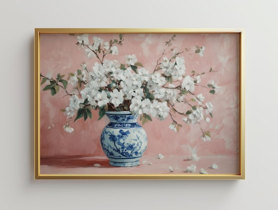 White Blossoms in Blue Chinoiserie Vase Pink Still Life Poster