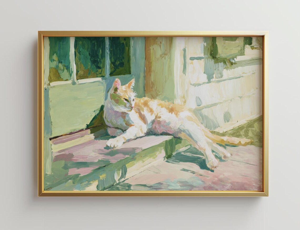 Ginger Cat Sunbathing Pastel Oil Painting Whimsical Cat Portrait Print