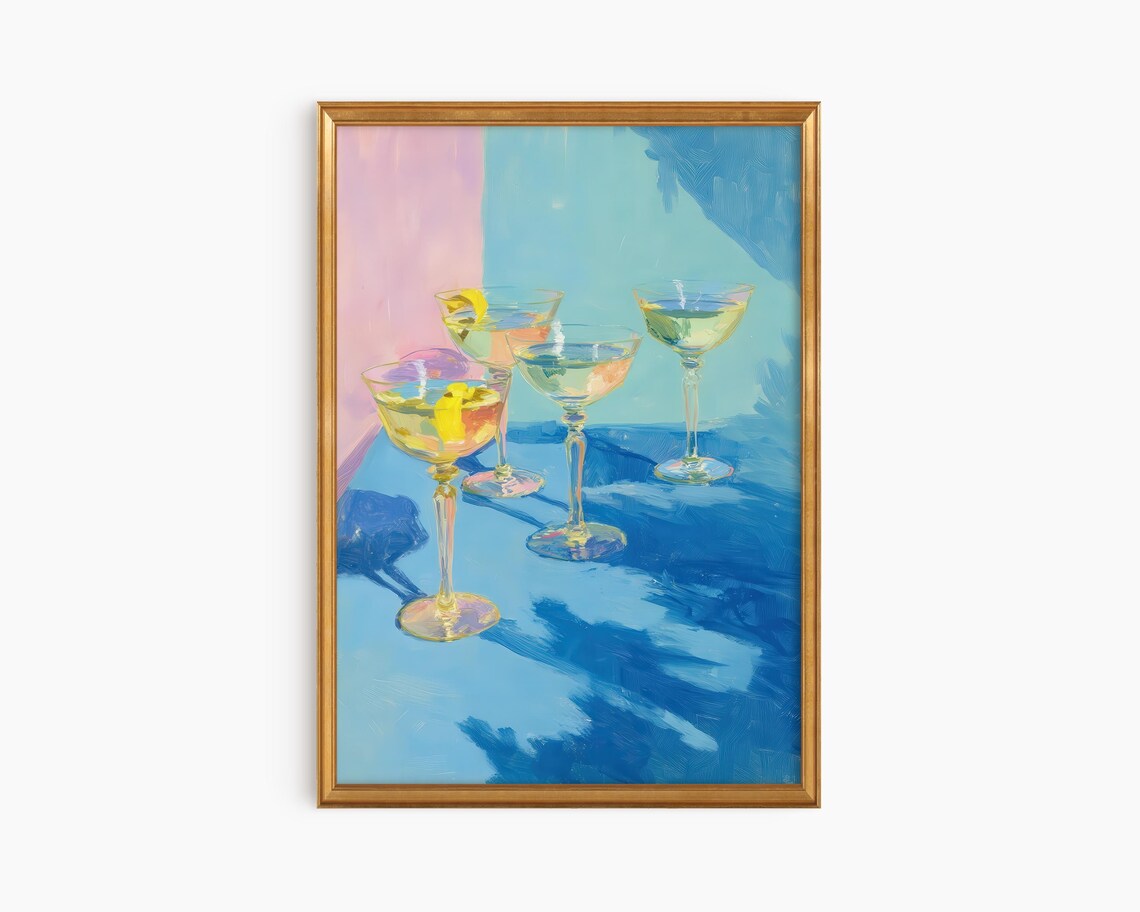 Pastel Cocktail Glasses Bar Cart Still Life Whimsical Drink Art Poster