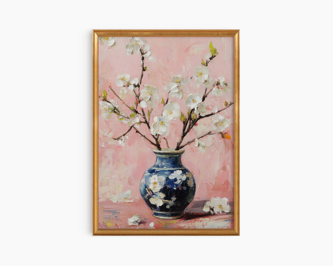 Chinoiserie Flower Vase Print, Pink Floral Art