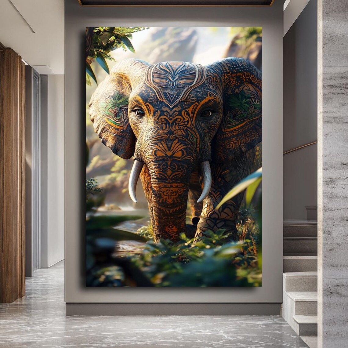 Ornate Tribal Pattern Elephant Portrait Lush Jungle Wildlife Art Print - Image 3