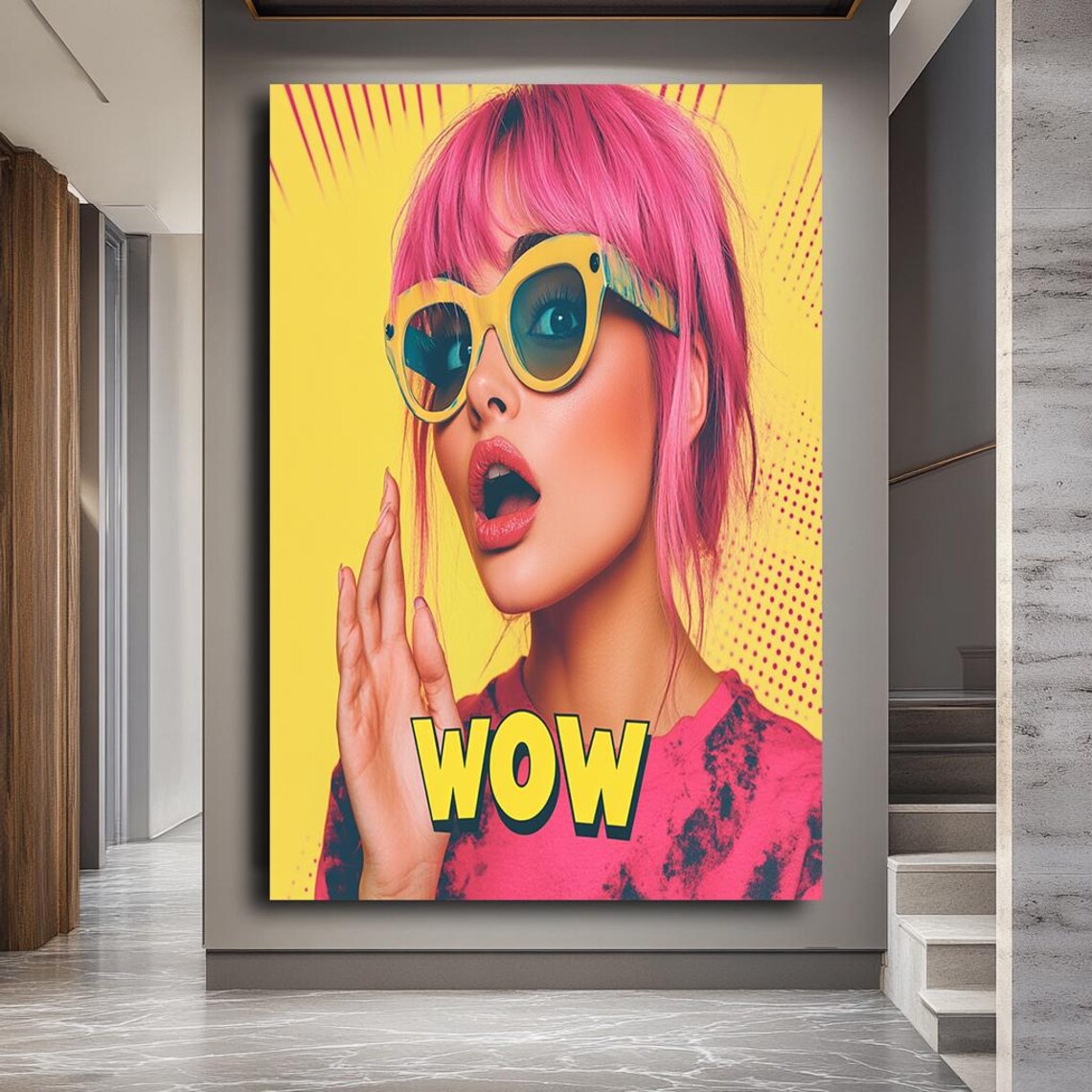 Pop Art WOW Girl Pink Hair Yellow Sunglasses Fun Retro Wall Art