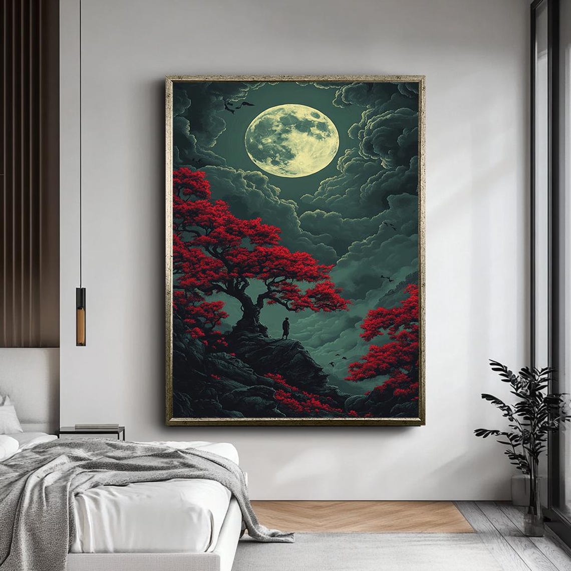 Full Moon Red Maple Trees Lone Figure Enchanted Night Fantasy Poster - Image 5