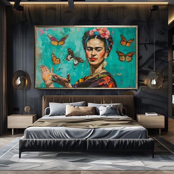Frida Kahloinspired Wall Art Colorful Handmade Portrait Painting With Butterflies Large Boho Decor For Modern Living Room