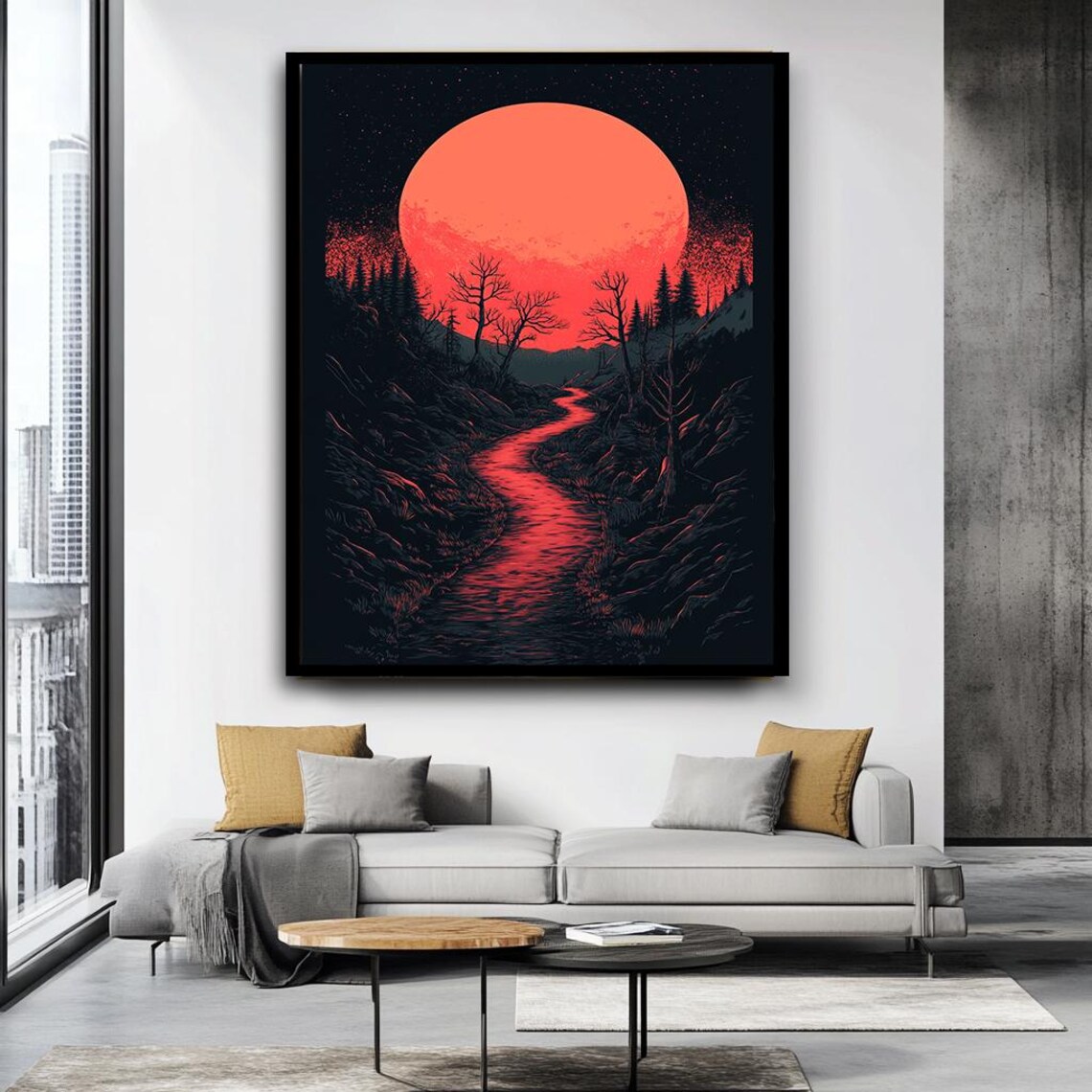 Red Moon River Wall Art Surreal Landscape Print Dark Fantasy Night Scene Mystical Forest Path Artwork Unique Gothic Nature Decor - Image 4