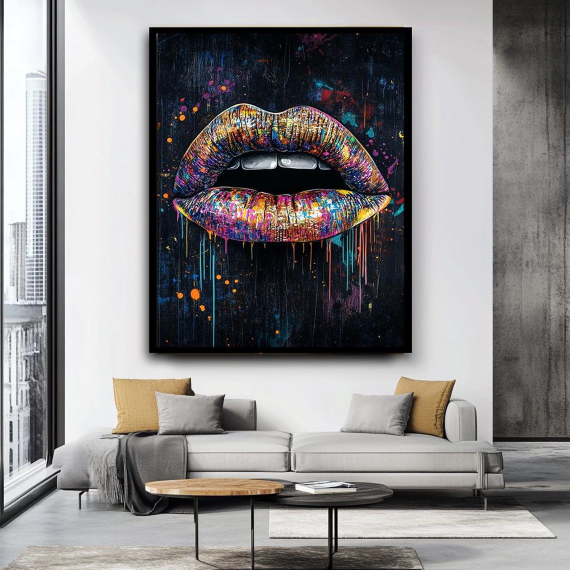 Colorful Graffiti Lips Dripping Paint Dark Statement Pop Wall Art - Image 4