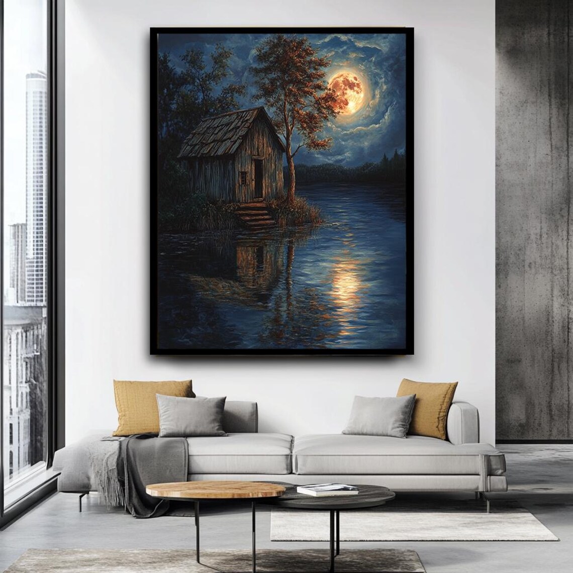 Rustic Cabin By Moonlit Lake, Peaceful Night Reflection - Image 4