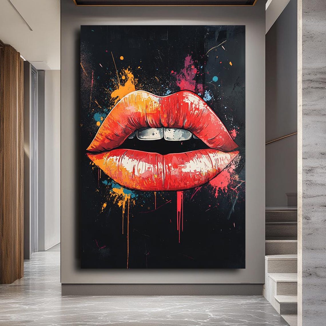 Bold Red Lips Art Print Modern Pop Art Vibrant Lipstick Splash Artwork Edgy Wall Decor For Living Room Or Office - Image 3