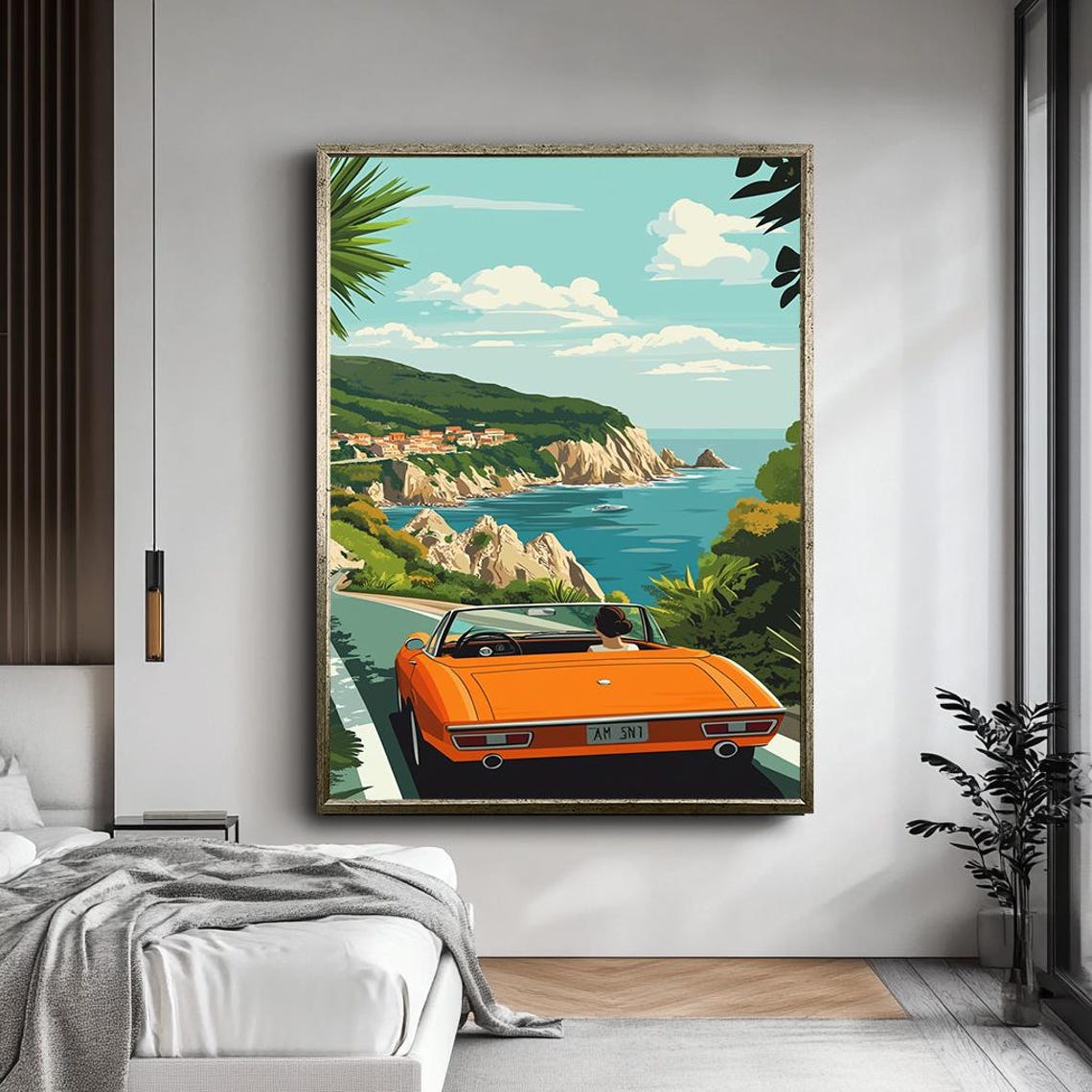 Vintage Orange Convertible Coastal Road Trip Seaside Drive Poster - Image 4