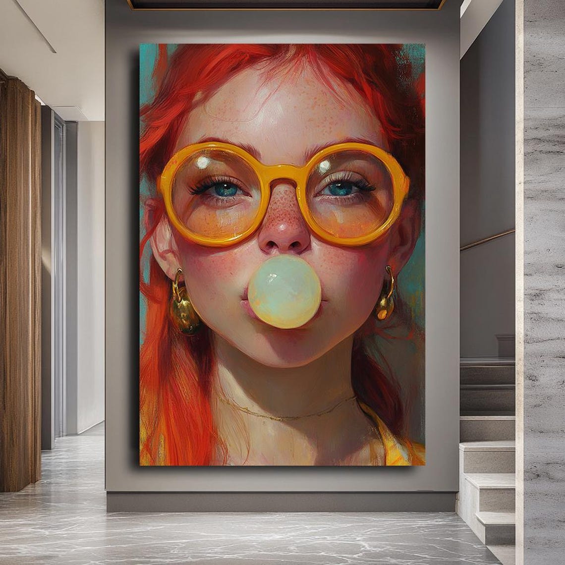 Bubble Gum Girl Portrait Yellow Glasses Red Hair Fun Pop Wall Art - Image 4