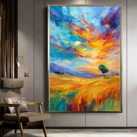 Colorful Landscape Canvas Wall Art Vibrant Sunset Sky Over Field With Lone Tree Modern Impressionist Painting For Home Decor