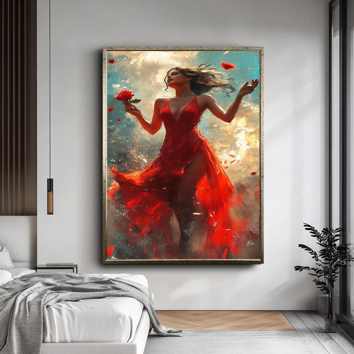 Dancing Woman Red Dress Rose Petals Passionate Romantic Art Poster - Image 5