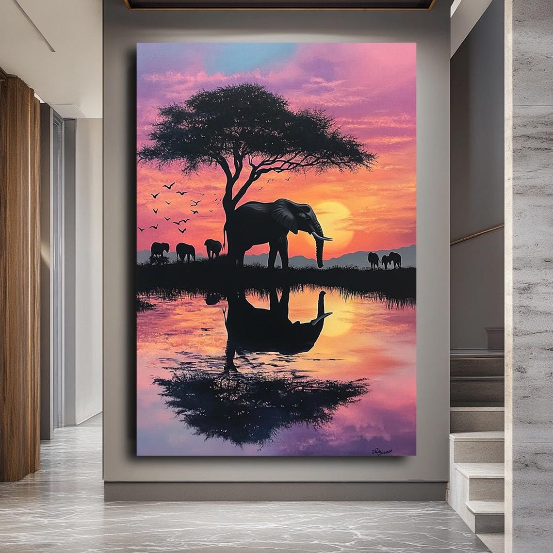 African Elephants Sunset Savanna Acacia Tree Water Reflection Poster - Image 3