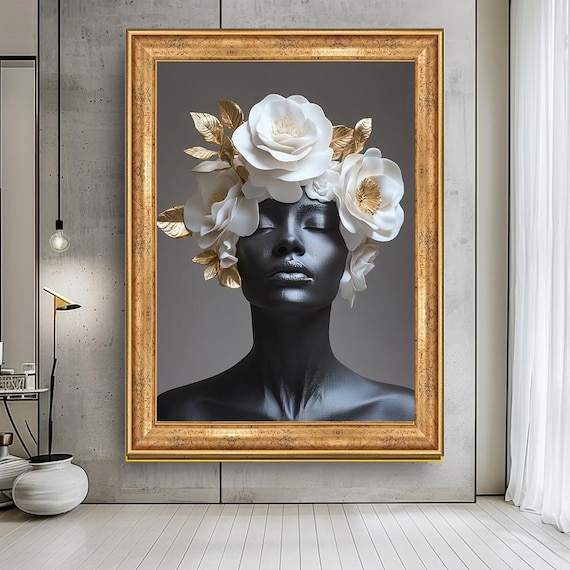 Black Woman Bust White Roses Gold Leaves Elegant Sculpture Art Poster