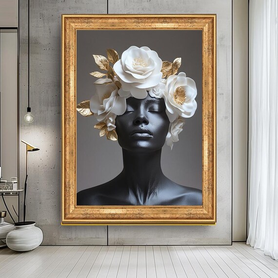 Woman Portrait With White Flowers Canvas Print Modern Abstract Wall Art Elegant Black And Gold Female Sculpture Painting For Bedroom