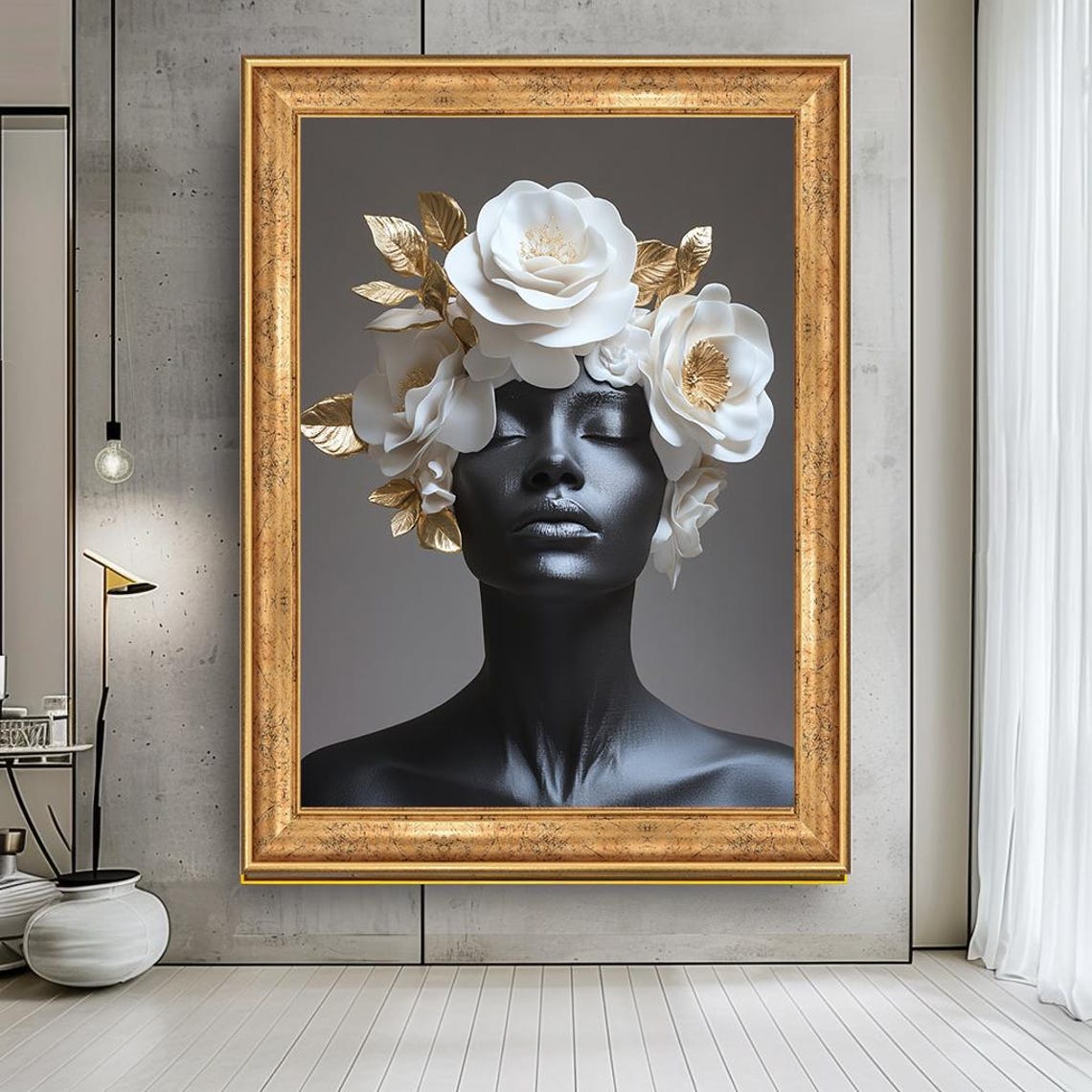 Black Woman Bust White Roses Gold Leaves Elegant Sculpture Art Poster