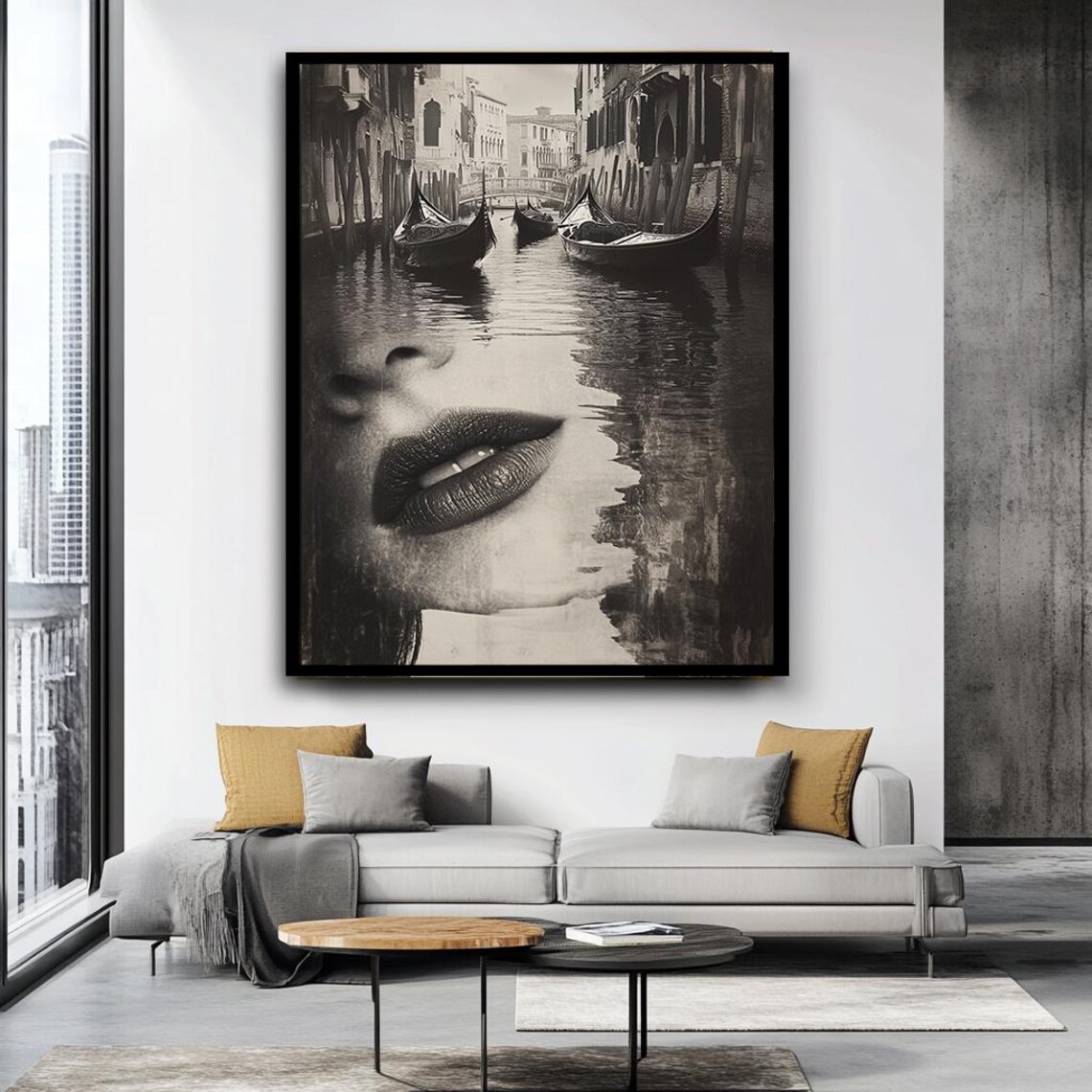 Venice Canal Gondola Double Exposure Lips Surreal Black White Poster - Image 4