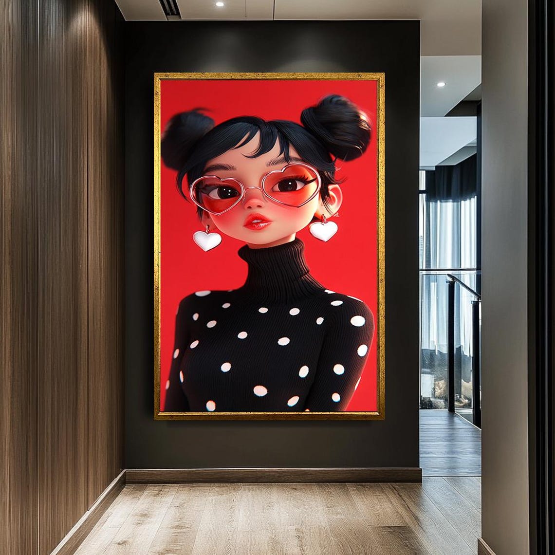 Cartoon Girl Heart Sunglasses Red Background Cute Pop Wall Art - Image 3