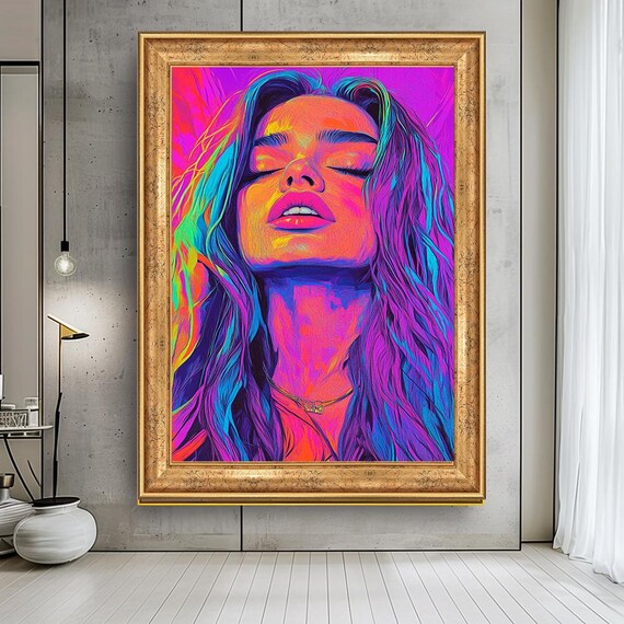 Vibrant Neon Portrait Wall Art Colorful Modern Pop Canvas Print Of Womans Face Bold Psychedelic Decor Large Abstract
