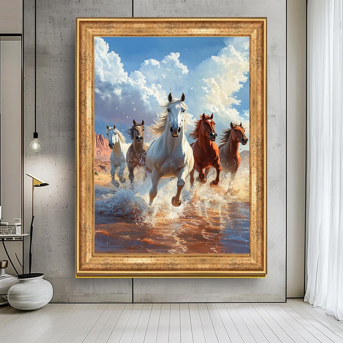 Wild Horses Galloping Through Water Majestic Western Animal Poster