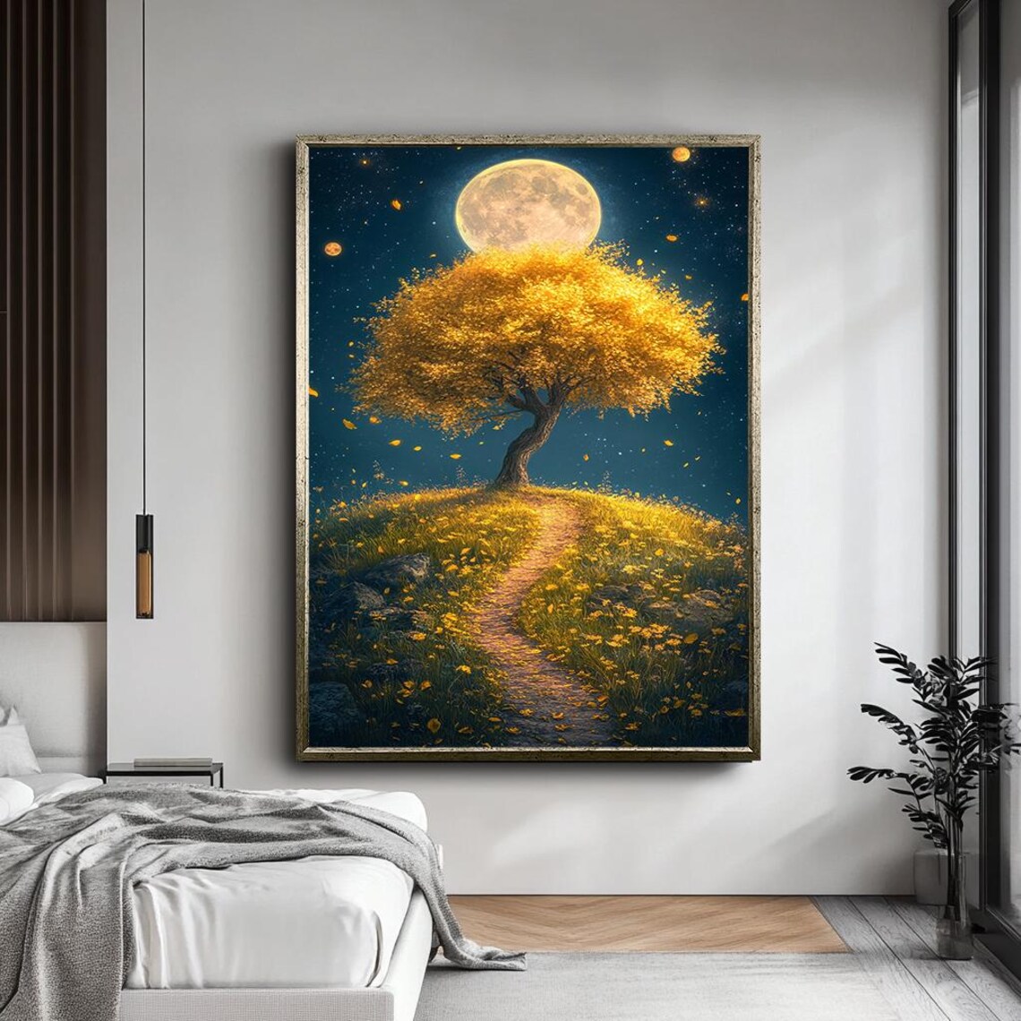 Golden Tree Under Full Moon Fantasy Landscape Art Print - Image 5