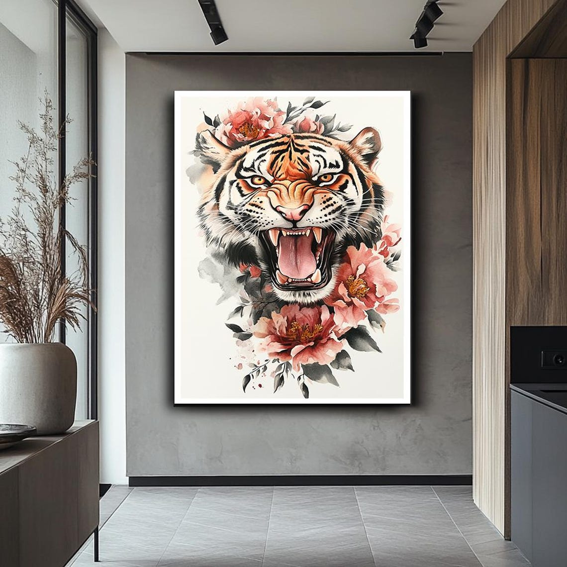 Tiger Art Ferocious Tiger Print Floral And Fierce Animal Wall Art Bold Statement Piece - Image 2