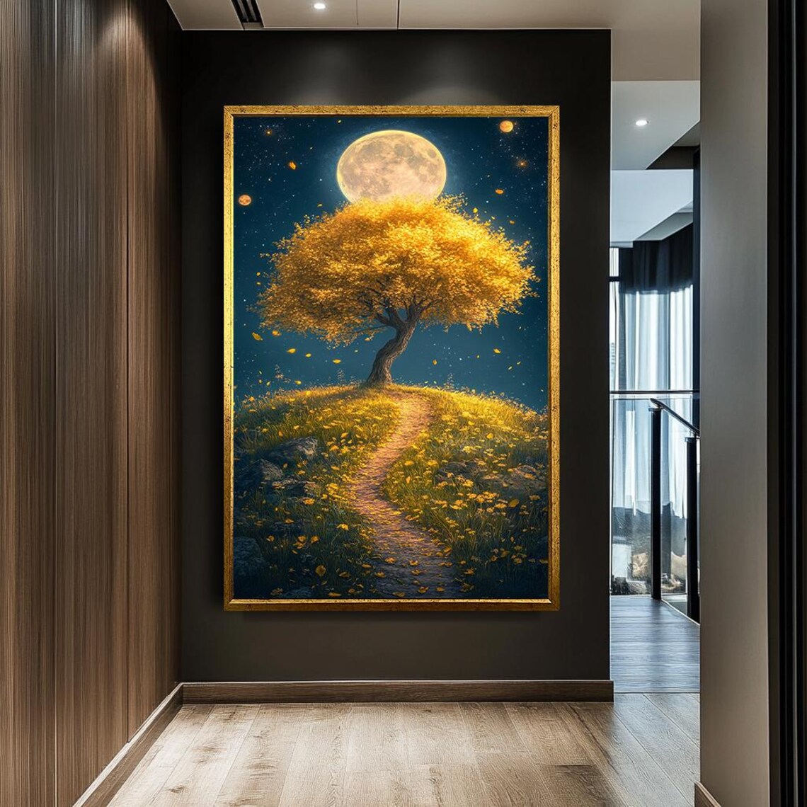 Golden Tree Under Full Moon Fantasy Landscape Art Print - Image 2