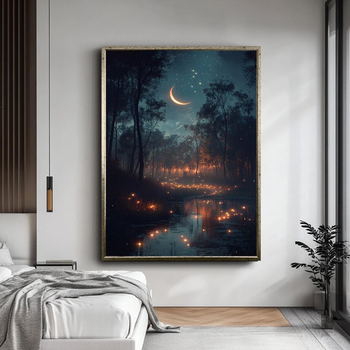 Magical Forest At Night With Crescent Moon Art Dreamy Fireflies And Reflection Wall Decor Mystical Landscape Art Print - Image 5