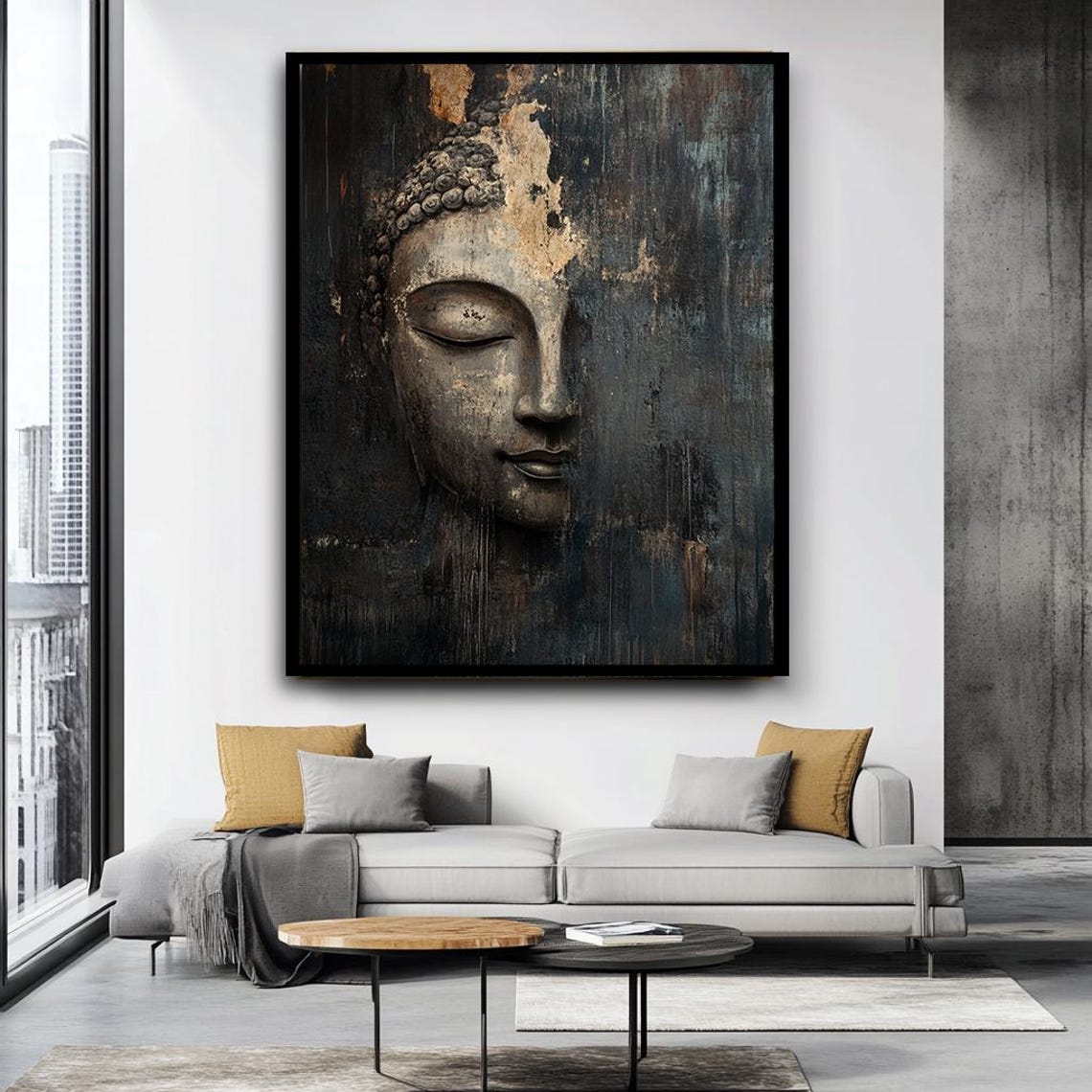 Weathered Ancient Buddha Face Dark Rustic Zen Spiritual Wall Art Print - Image 4