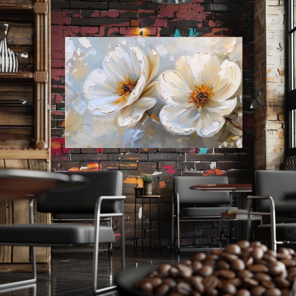 Large White Flowers Oil Painting Neutral Elegant Botanical Wall Poster - Image 2