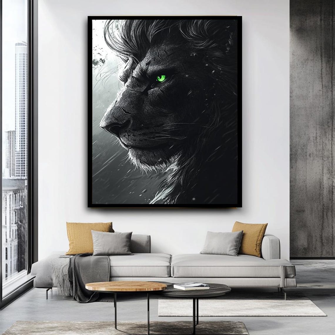 Majestic Black Lion Striking Green Eye Dramatic Wildlife Art Poster - Image 2