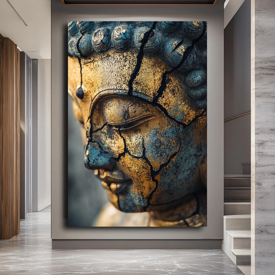 Cracked Golden Buddha Face Zen Meditation Spiritual Ancient Art Print - Image 3